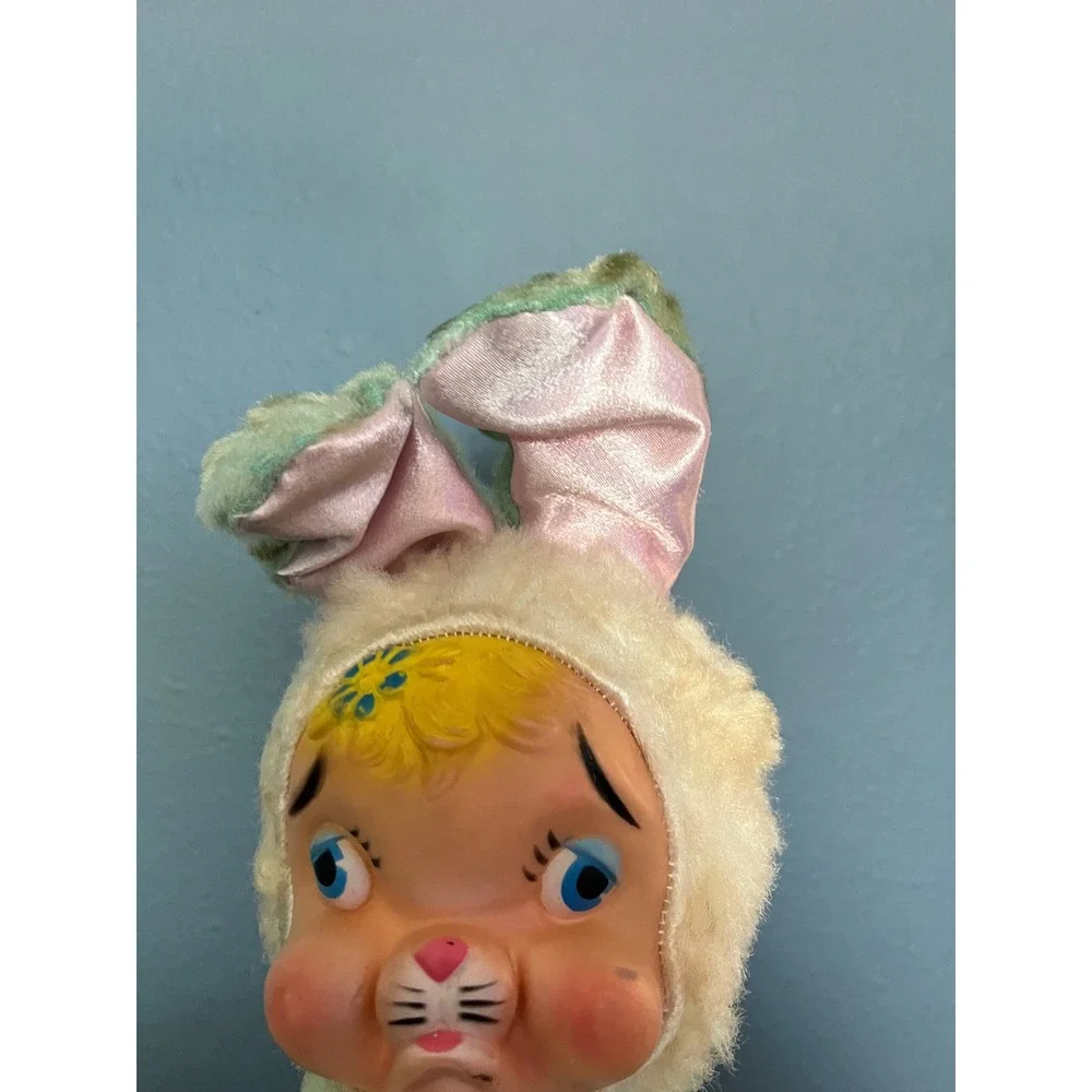 Vintage Rubber Face Pouting Bunny Plush Teal‎ White Sad Face Rushton Style 1950s